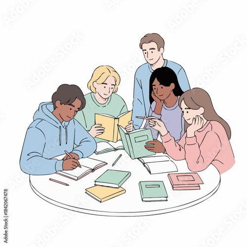 Diverse Group of Students Collaborating on Studies Around a Table.