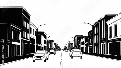 Cars driving down a city street with buildings on both sides.