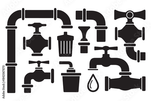  Collection of plumbing pipe fittings and valves in a black silhouette