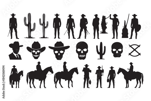  Collection of western cowboy and cactus silhouettes for design projects silhouette