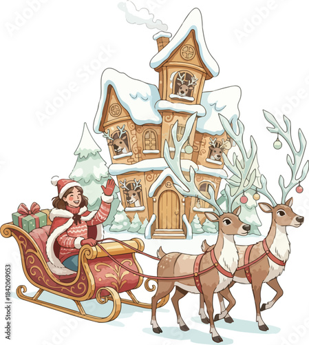 vector design, white bacground A woman in the foreground, illustrated in a graphic or watercolor style, sitting in stylized Christmas sleighs. 