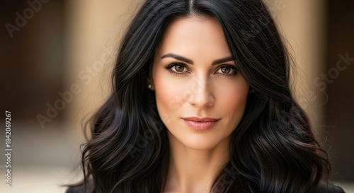 Wallpaper Mural A woman with long, dark hair, wearing a black top, standing in front of a blurred background. Torontodigital.ca