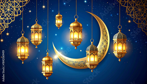 Elegant Islamic Ramadan Lanterns and Crescent Moon on Blue Night Sky Background
