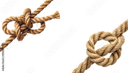 A close-up image of a rope with knots against a white background