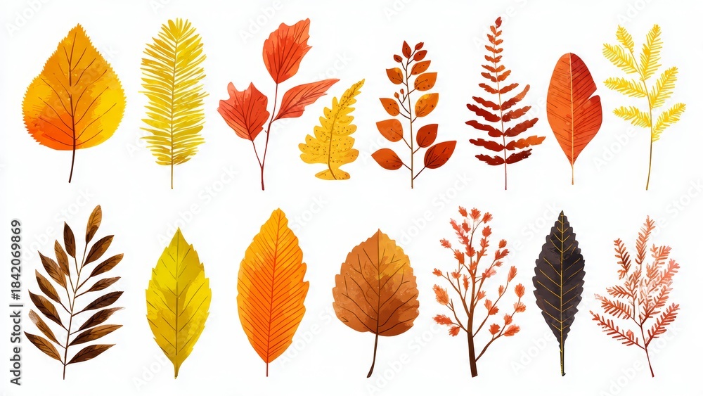 Obraz premium Collection of Hand-Drawn Autumn Leaves and Branches in Vibrant Colors