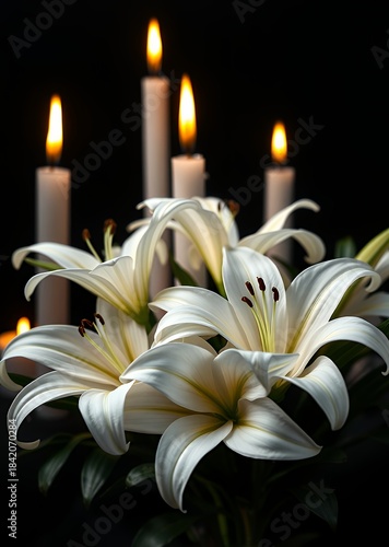 Beautiful white lily flowers and burning candles on dark background funeral flowers grief death flower loss ceremony floral sadness cemetery mourning dead