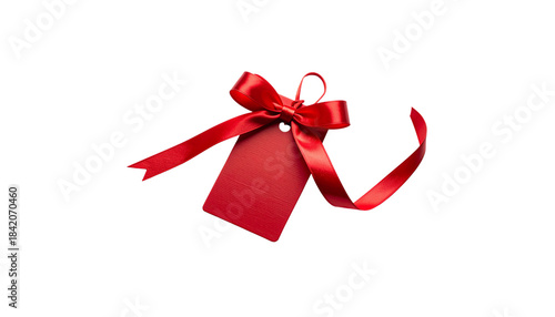Red Christmas gift tags with ribbon bows on a white background