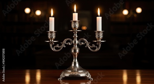 A silver candlestick with three lit candles on a wooden table in a dimly lit room.