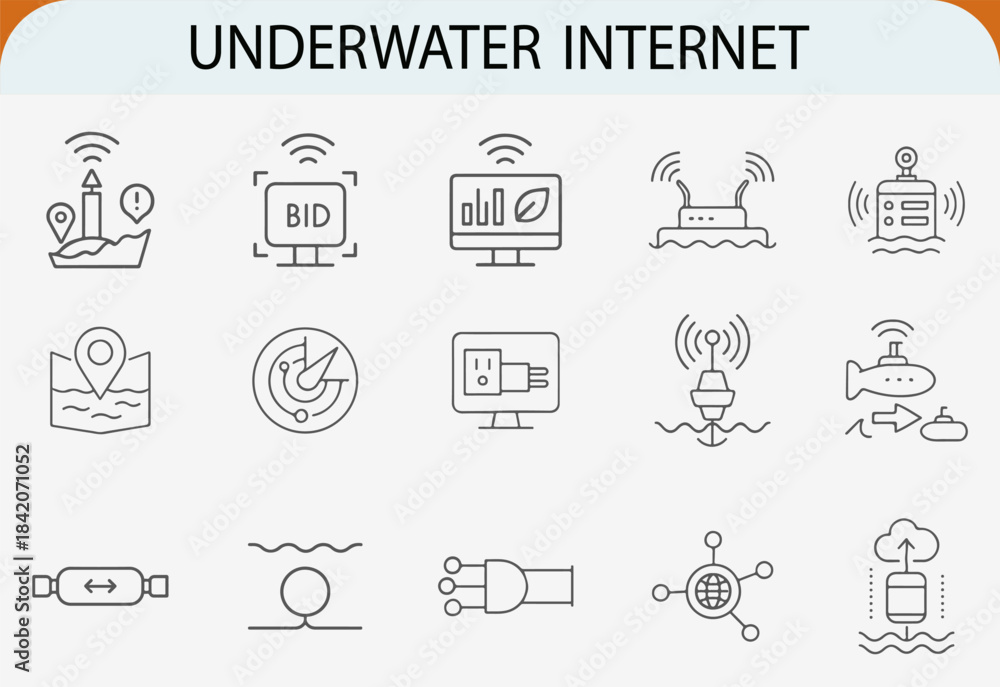 Fototapeta premium Underwater internet connection line icons set wireless communication