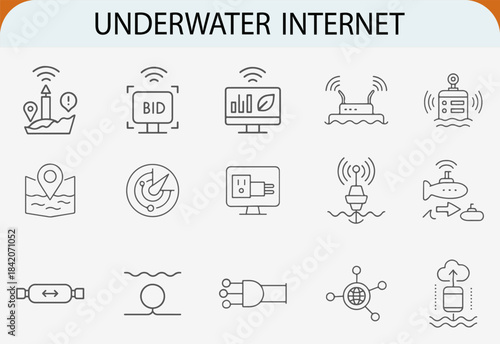 Underwater internet connection line icons set wireless communication