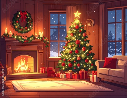 Classic Red Gold Christmas Decor At Night Vector – Festive Home Scene