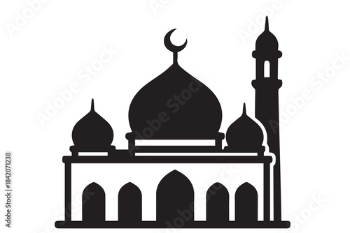Striking black and white vector silhouette of a grand mosque with prominent domes and tall minarets. It conveys serenity and architectural elegance.