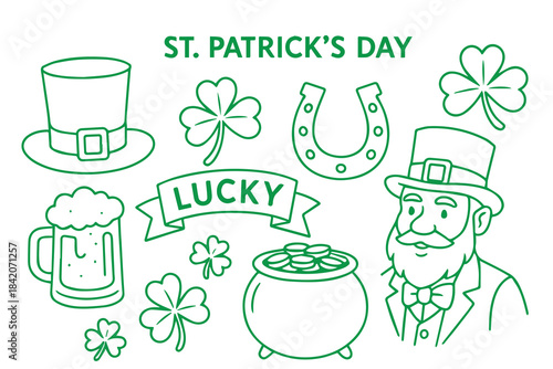 Fun St. Patrick's Day vector featuring a jolly bearded leprechaun, shamrocks, a green top hat, and a foaming mug of beer. Celebrates Irish luck and festivity.