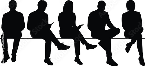 Anonymous silhouettes of five diverse individuals sitting together on a long bench, actively using modern digital tablets and phones for work or leisure.