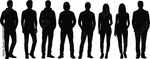 Black silhouettes of diverse men and women standing in a row together, isolated on a plain white background.