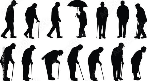 Collection of anonymous senior male silhouettes walking, standing, and bending with canes, illustrating old age, health support, and mobility challenges.