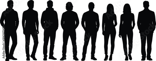 Casual young adult silhouettes standing in a diverse group, representing generation Z students, friends, social networking, and urban lifestyle youth community portrait.
