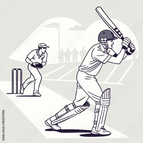 Cricket Action: A dynamic illustration captures the essence of a cricket match, featuring a focused batsman poised to strike, with a bowler in pursuit, ready to bowl and the wicket ready for action.