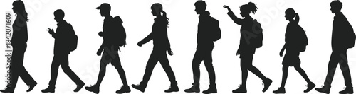 Diverse group of young people walking silhouettes, travelers or students, hiking, outdoor activity, full length, black vector illustration, white background.
