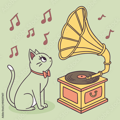 Melody's Serenade: A curious feline is enchanted by the enchanting sounds emanating from an antique phonograph, surrounded by musical notes.