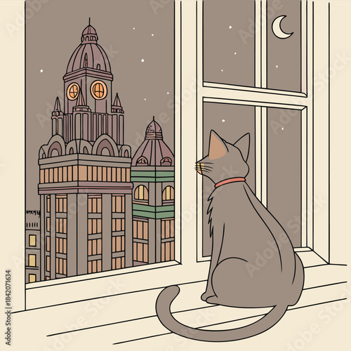 Night Watch: A serene illustration of a cat gazing out a window, observing a cityscape at night, under a crescent moon, evoking a sense of calm and contemplation.