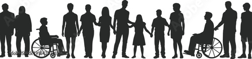 Large anonymous group of diverse people, including children and wheelchair users, holding hands, symbolizing global community, inclusion, unity, and support.