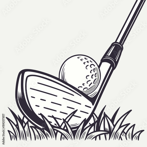 Golf Club and Ball in Grass: A meticulously detailed illustration captures the essence of a golf swing, with a golf club poised to strike a golf ball nestled in the verdant grass.
