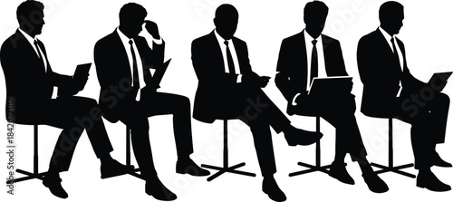 Silhouettes of five anonymous businessmen in suits sitting on chairs, working or waiting, symbolizing corporate strategy, interviews, and professional preparation.