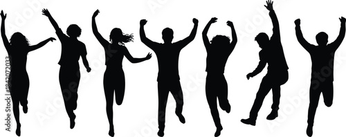 Silhouettes of joyful young people jumping high with arms raised in celebration, symbolizing freedom, success, pure happiness, and boundless energy.