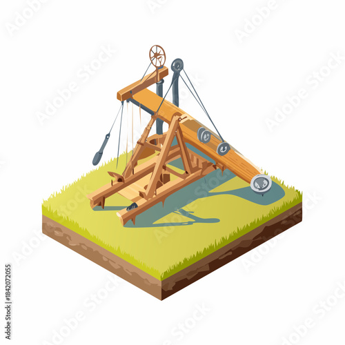 Ancient catapult on grassy field