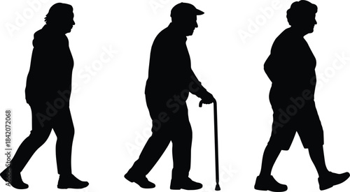Silhouettes of three senior citizens walking side profile, including a man with a cane, representing mobility, the aging process, and long-term health.