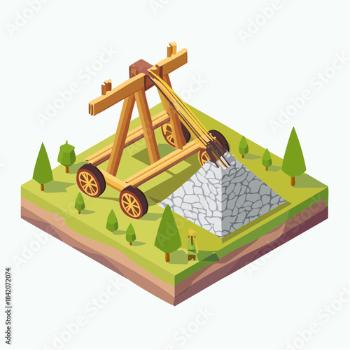Ancient siege engine aiming at stone pile