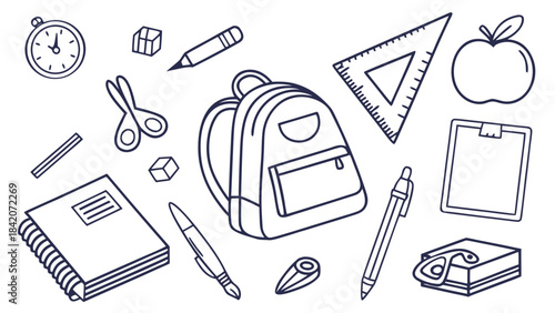 A collection of simple white line art illustrations of school supplies including a backpack notebooks pens pencils scissors an apple a ruler a clock and a clipboard on a black background