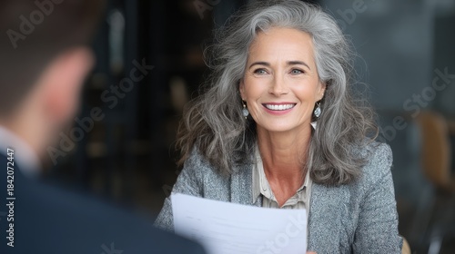 Fototapeta Naklejka Na Ścianę i Meble -  Smiling mature business woman hr holding cv document at job interview. Happy mid aged professional banking manager or lawyer consulting client sitting at workplace in corporate office meeting.