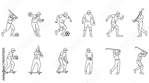 Black-and-white line illustrations of athletes performing various sports including baseball, basketball, soccer, tennis, boxing, skateboarding, ice hockey, cricket, golf, and football – dynamic action