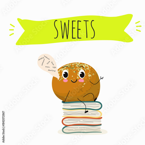 Funny Characters Ekmek kadaif. Turkish,  Eastern sweets. Hand drawn vector illustration.