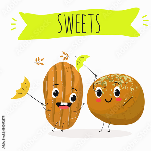 Funny Characters lokma, tulumba. Turkish,  Eastern sweets. Hand drawn vector illustration.