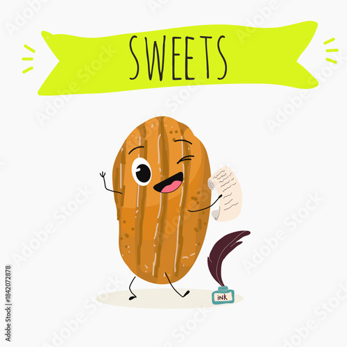 Funny Characters Ekmek kadaif. Turkish,  Eastern sweets. Hand drawn vector illustration.