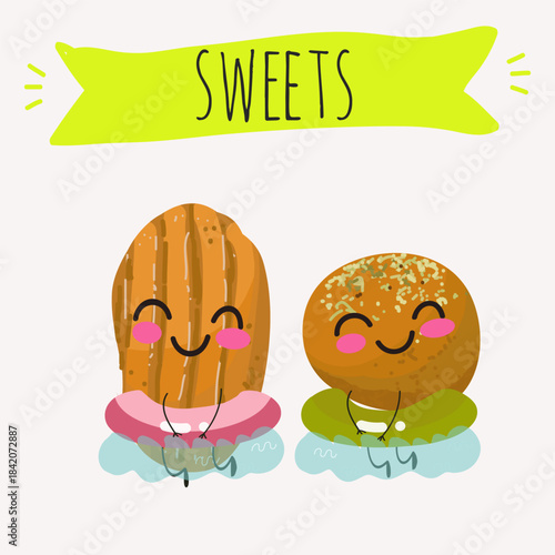 Funny Characters lokma, tulumba. Turkish,  Eastern sweets. Hand drawn vector illustration.
