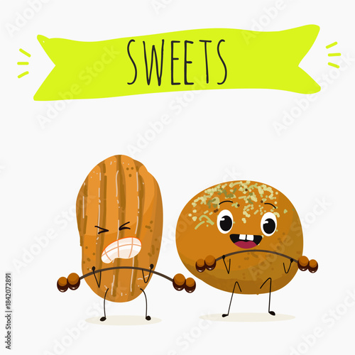 Funny Characters Ekmek kadaif. Turkish,  Eastern sweets. Hand drawn vector illustration.