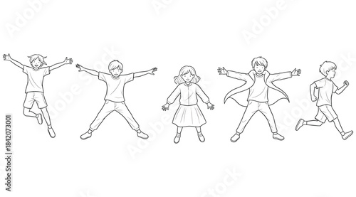 Black-and-white line drawing of five stylized human figures in dynamic poses including jumping, standing, running, and gesturing – ideal for animation, character design, posture studies, and movement 