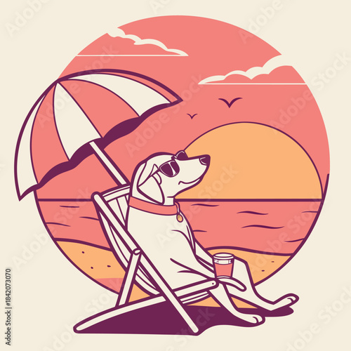 Canine Seaside Escape: A cool canine enjoys a serene moment on the beach under a beach umbrella and the warm sunset.