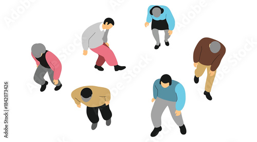Overhead illustration of six stylized individuals in motion, spaced apart and dressed in colorful outfits – ideal for concepts of crowd dynamics, movement, behavior mapping, urban design, and data vis