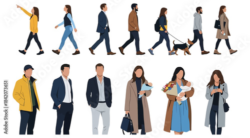 Stylized illustration of twelve diverse individuals in modern casual and semi-formal outfits, walking or standing with accessories like coats, bags, and books – ideal for fashion, lifestyle, and chara