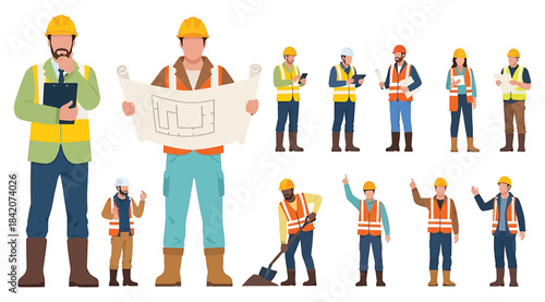 Illustration of eleven construction workers in safety gear performing tasks like inspecting, planning, digging, and communicating – ideal for teamwork, site coordination, and industrial role visualiza