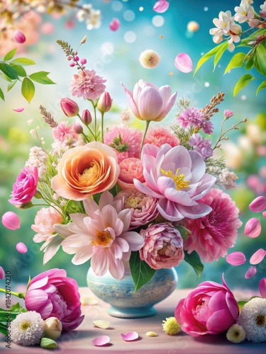 Vibrant spring blooms unfold amidst delicate petals and soft greenery in a whimsical floral arrangement