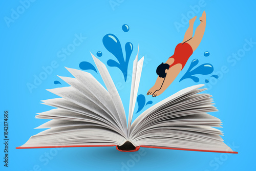 A swimmer dives into the book's pages, splashing water