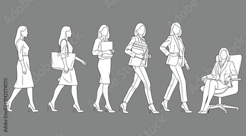 White silhouette illustration of six female figures on gray background showing career progression from walking with handbag to seated leadership pose – ideal for empowerment, workplace growth, and suc