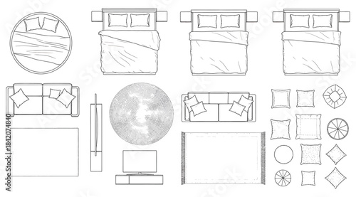 Top-down architectural symbols of beds, sofas, dining tables, cushions, and TV units – ideal for interior design layouts, floor plan drafting, furniture arrangement, and architectural visualization.