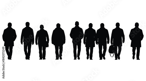 Black silhouette illustration of nine individuals in coats and jackets standing in a row – ideal for urban crowd visuals, identity studies, fashion references, and design elements involving human figu